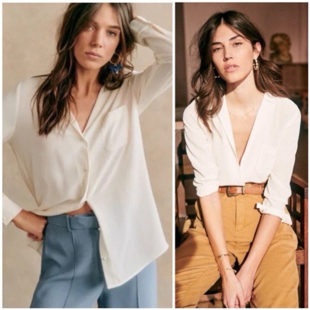 Sezane Florence Cream Silk Button-Up Blouse, size 4/EU 36 - Picture 4 of 4